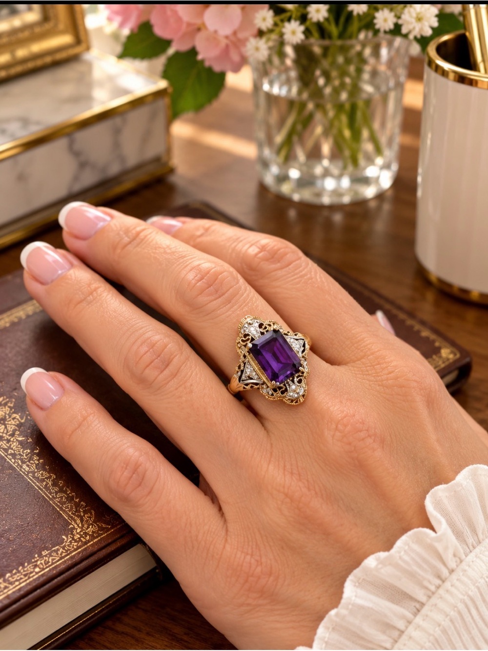 Vintage Amethyst Ring Set in Gold with Silver Accents Size 7